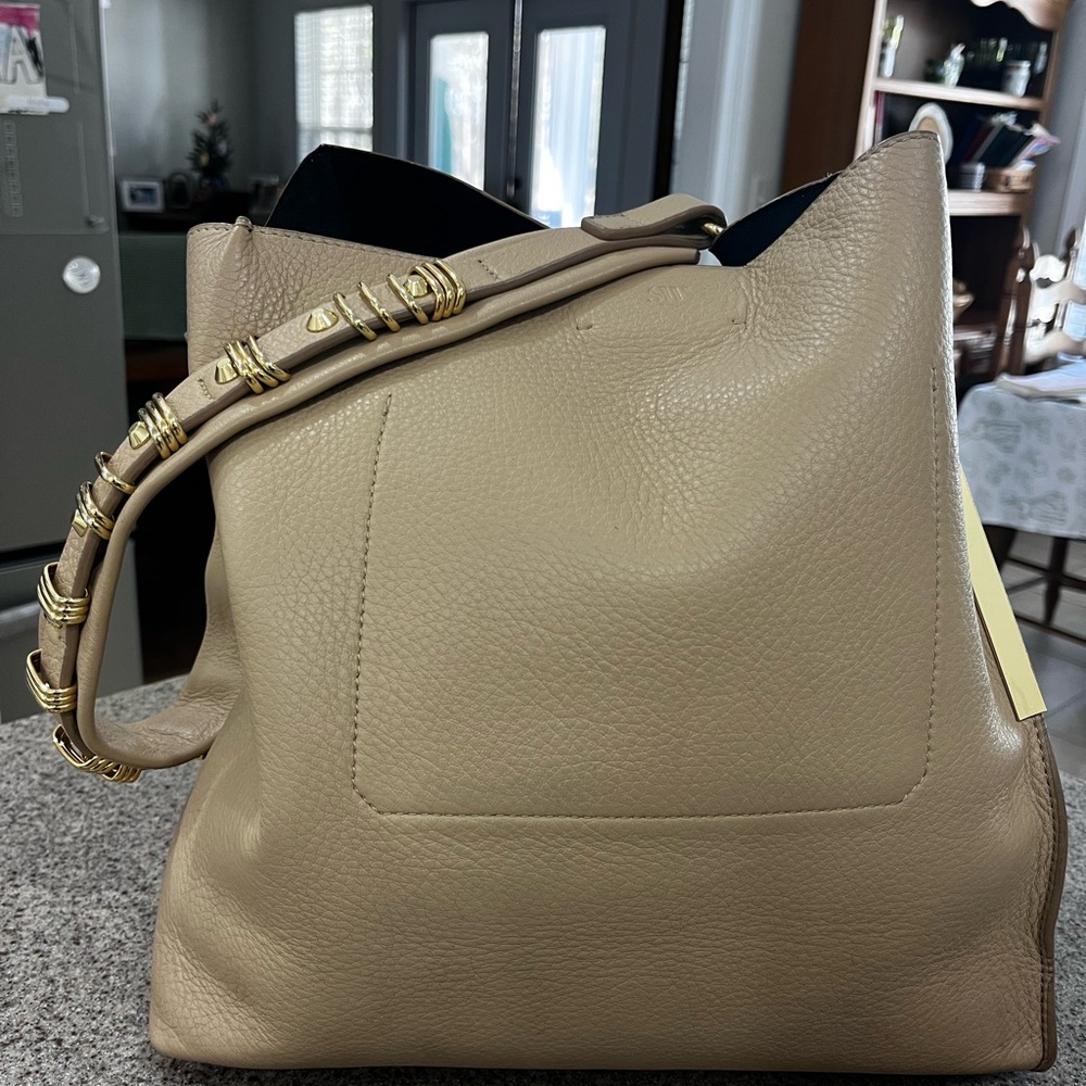 Stuart Weitzman Tan Leather Shoulder Bucket Bag with Gold Accents